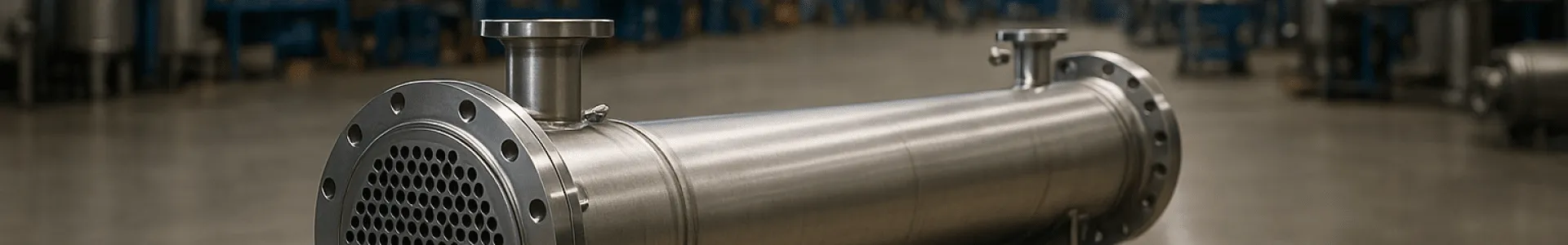 Industrieller Rohrbündel-Wärmetauscher aus Edelstahl in der Fertigungshalle von APL – Sinnbild für Präzision, Beständigkeit und innovative Apparatebaulösungen der Pletzer Industrie.