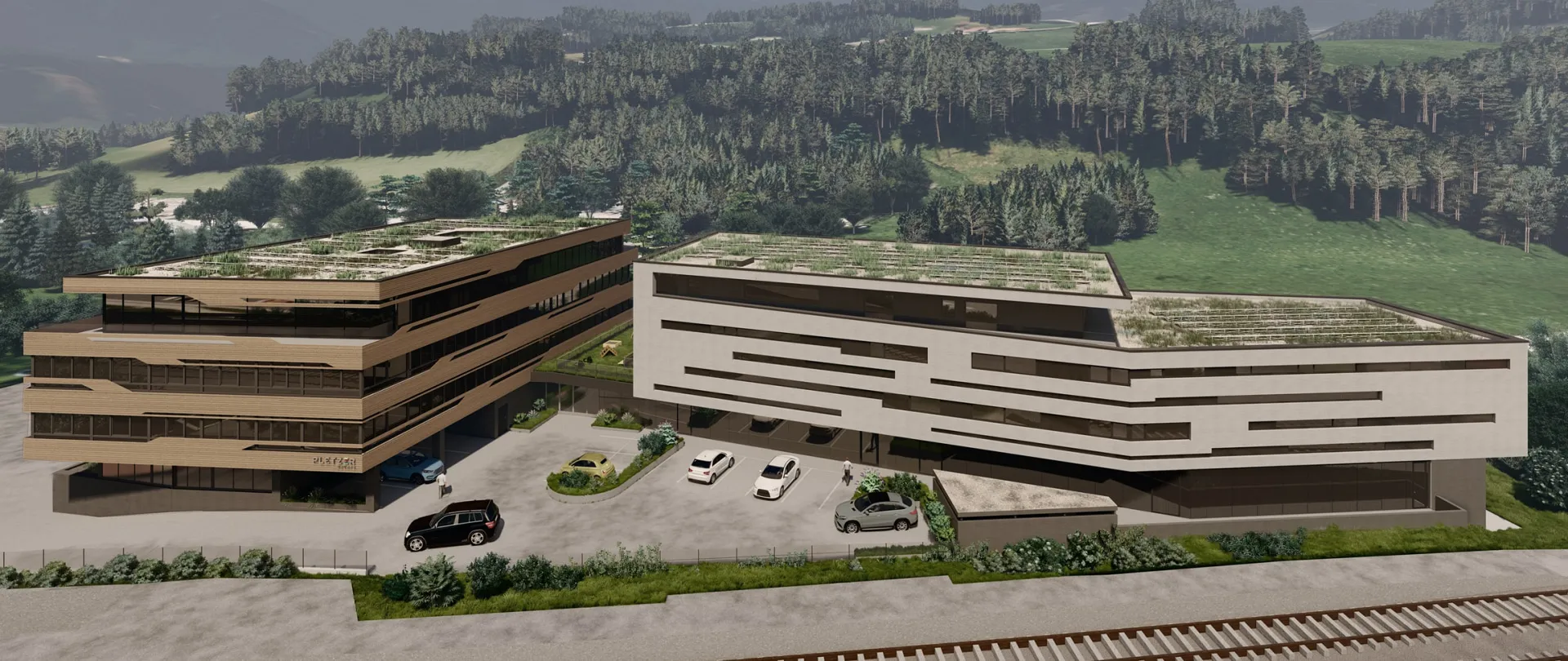 Visualisierung des neuen Headquarters der Pletzer Gruppe mit zwei modernen, begrünten Bürogebäuden in Holz- und Betonoptik vor alpiner Waldlandschaft – Symbol für nachhaltige Unternehmensentwicklung und regional verwurzelte Innovationskraft.
